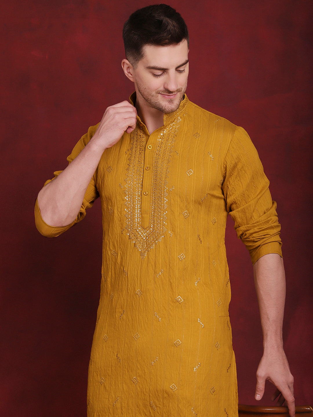 Jompers Men's Sequins Embroidered Kurta Pyjama Set - Mustard | Grocsy