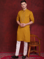 Jompers Men's Sequins Embroidered Kurta Pyjama Set - Mustard | Grocsy