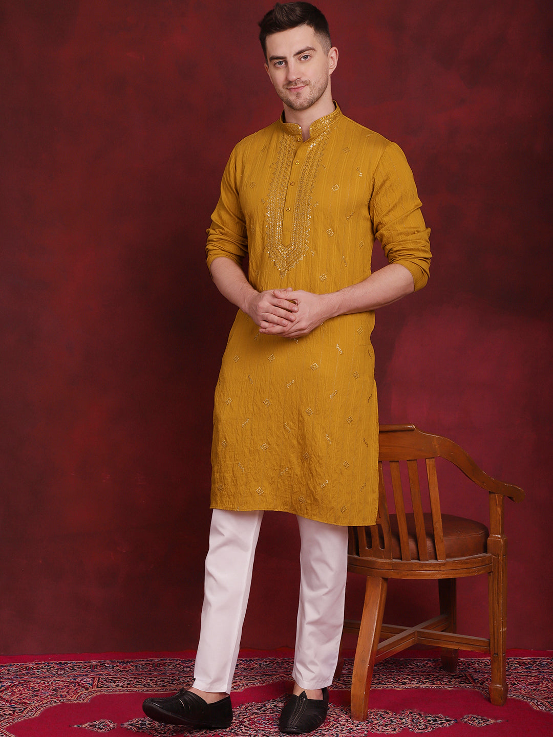 Jompers Men's Sequins Embroidered Kurta Pyjama Set - Mustard | Grocsy
