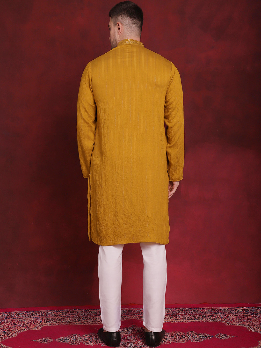 Jompers Men's Sequins Embroidered Kurta Pyjama Set - Mustard | Grocsy