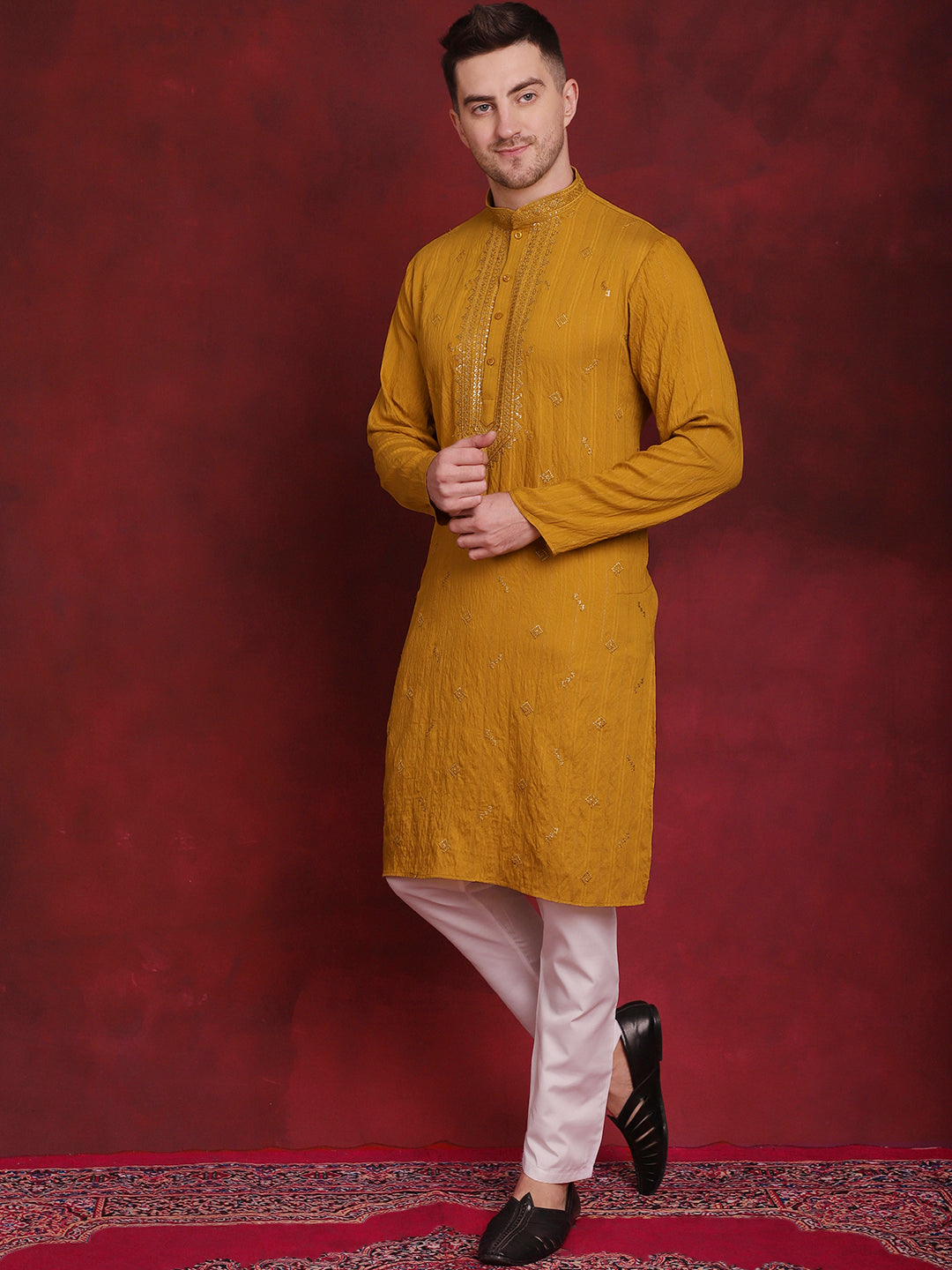 Jompers Men's Sequins Embroidered Kurta Pyjama Set - Mustard | Grocsy