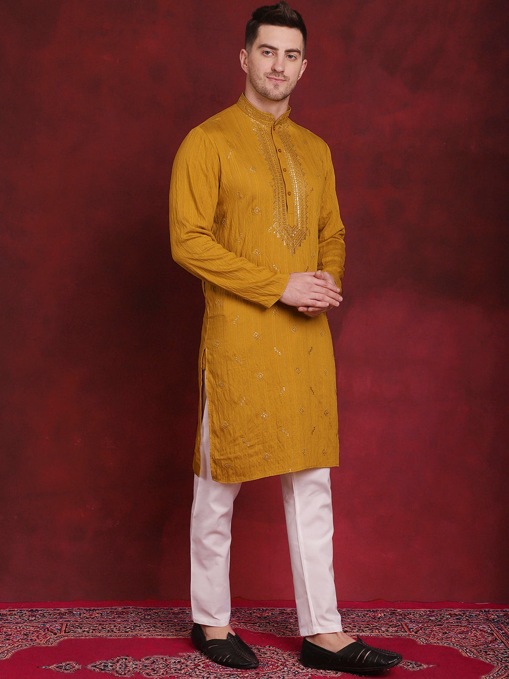 Jompers Men's Sequins Embroidered Kurta Pyjama Set - Mustard | Grocsy
