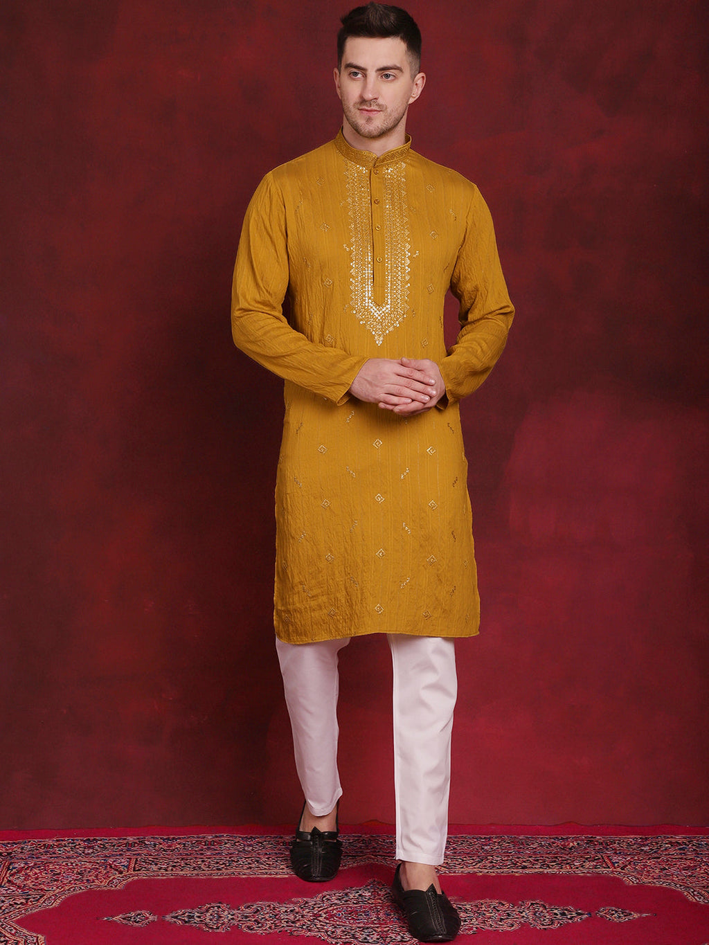 Jompers Men's Sequins Embroidered Kurta Pyjama Set - Mustard | Grocsy