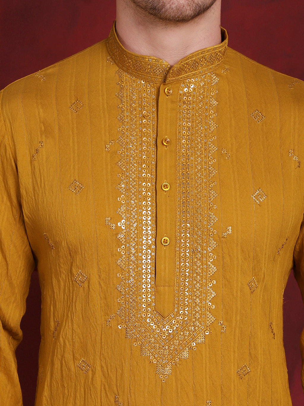 Jompers Men's Sequins Embroidered Kurta Pyjama Set - Mustard | Grocsy
