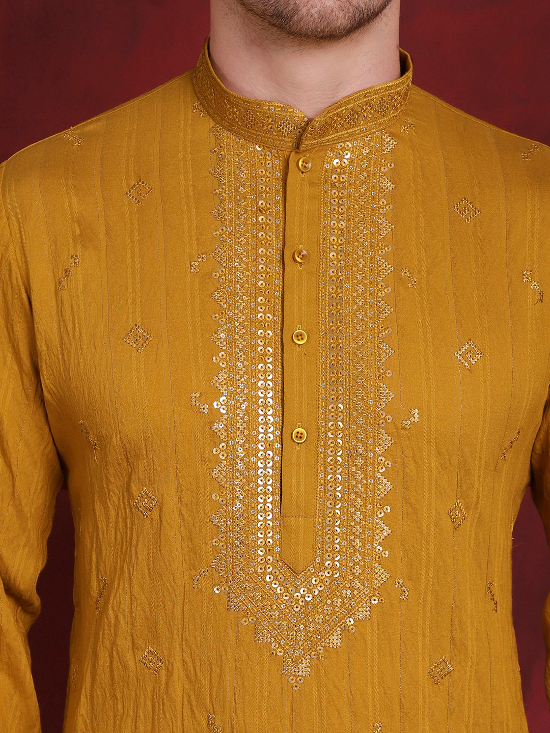 Jompers Men's Sequins Embroidered Kurta Pyjama Set - Mustard | Grocsy