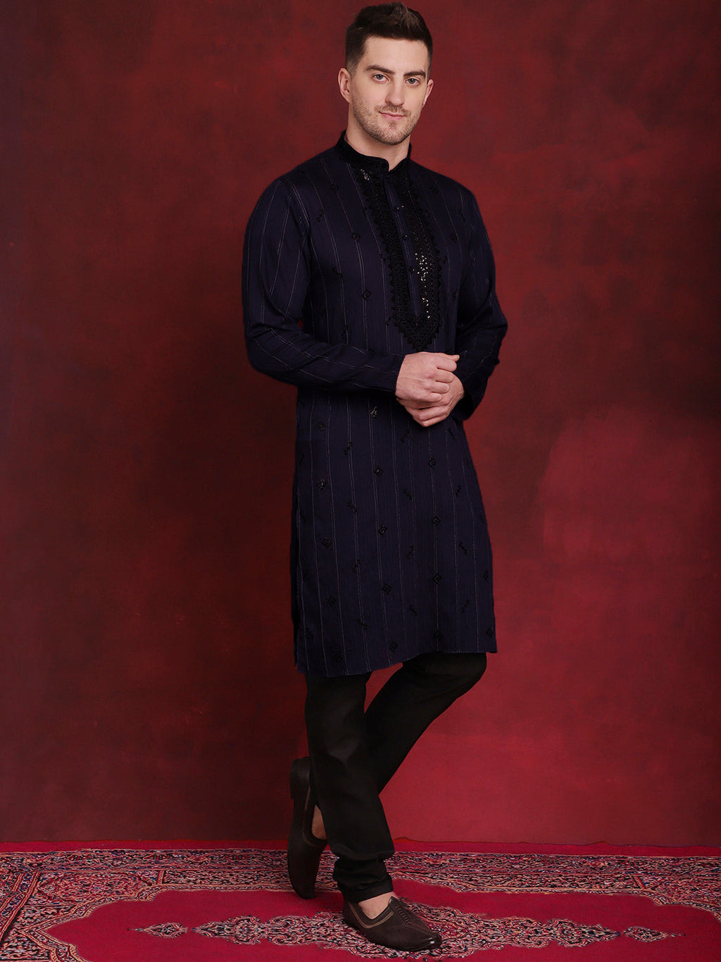 Jompers Men's Sequins Embroidered Kurta Pyjama Set - B-Navy Blue | Grocsy
