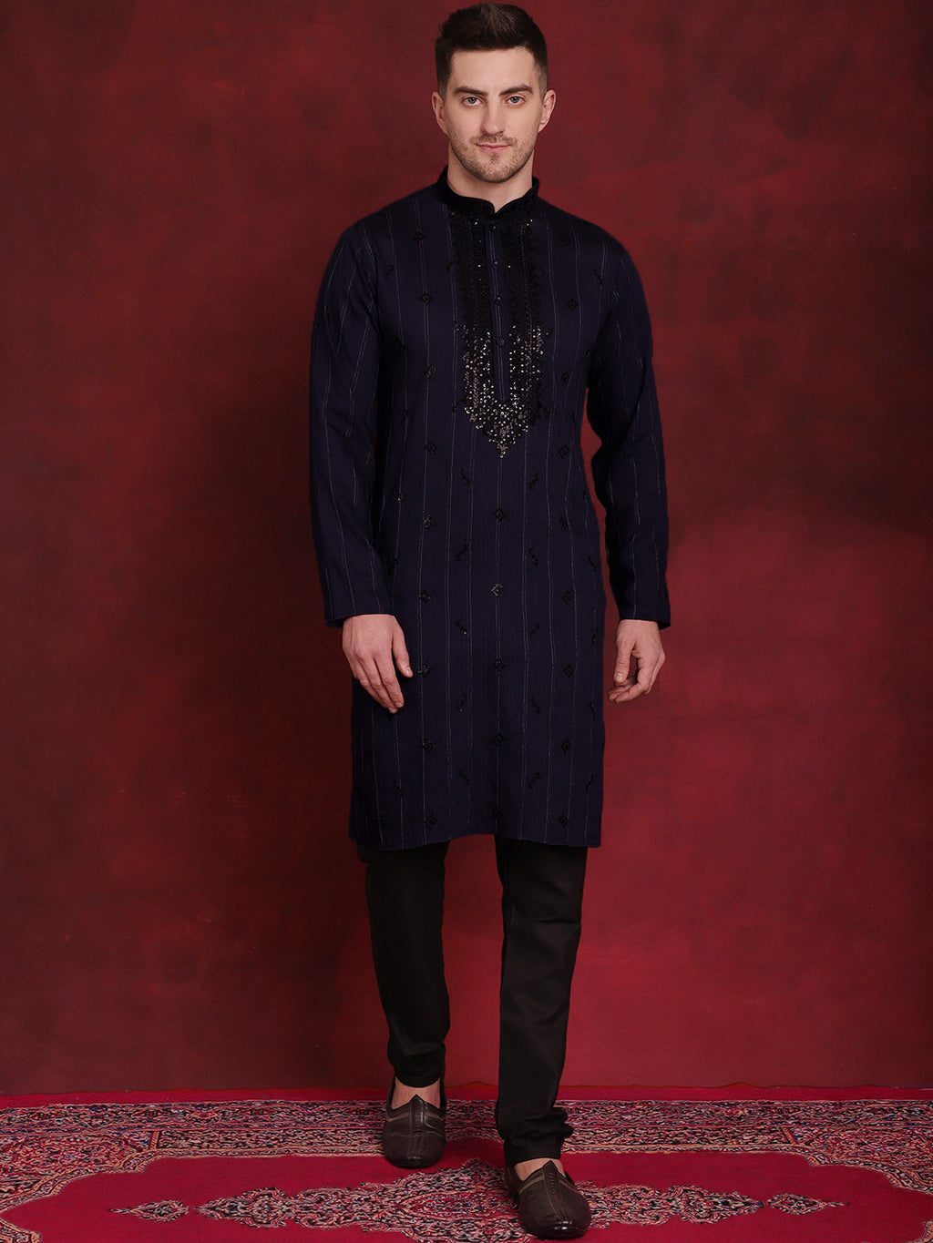 Jompers Men's Sequins Embroidered Kurta Pyjama Set - B-Navy Blue | Grocsy