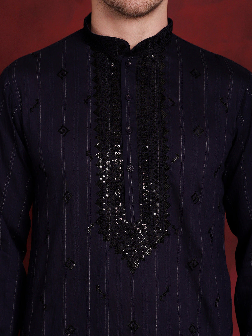Jompers Men's Sequins Embroidered Kurta Pyjama Set - B-Navy Blue | Grocsy