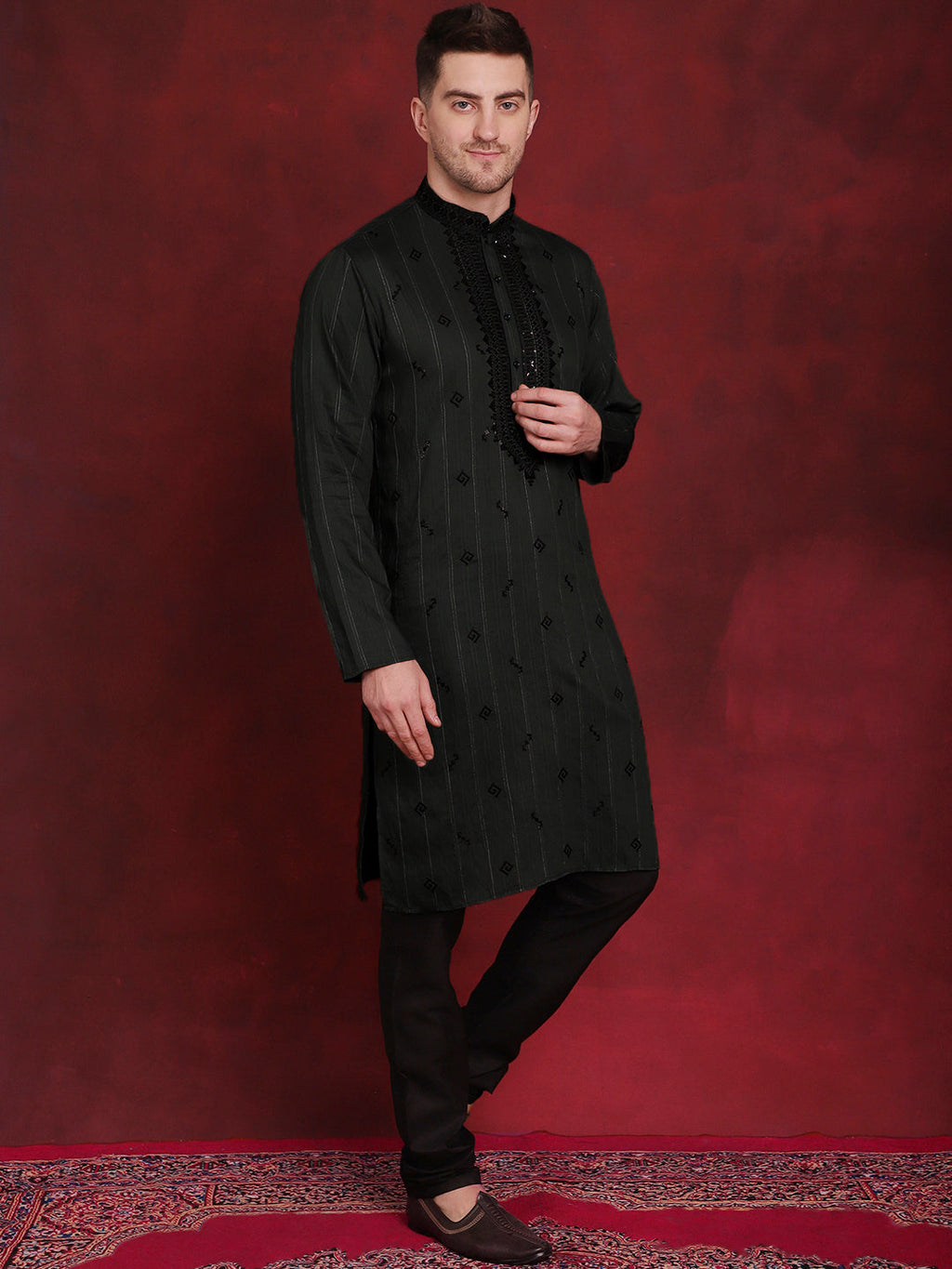 Jompers Men's Sequins Embroidered Kurta Pyjama Set - B-Olive | Grocsy