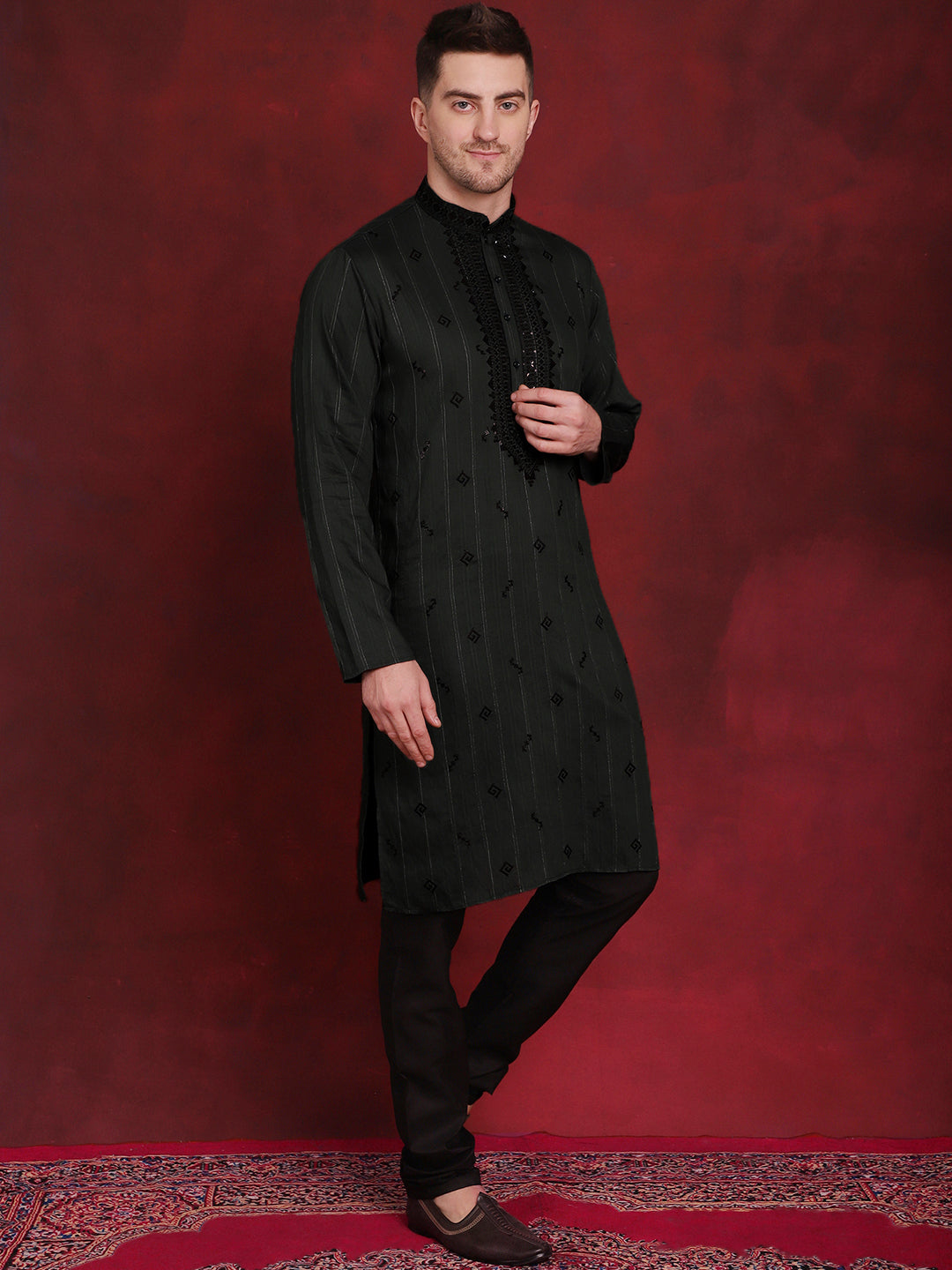 Jompers Men's Sequins Embroidered Kurta Pyjama Set - B-Olive | Grocsy