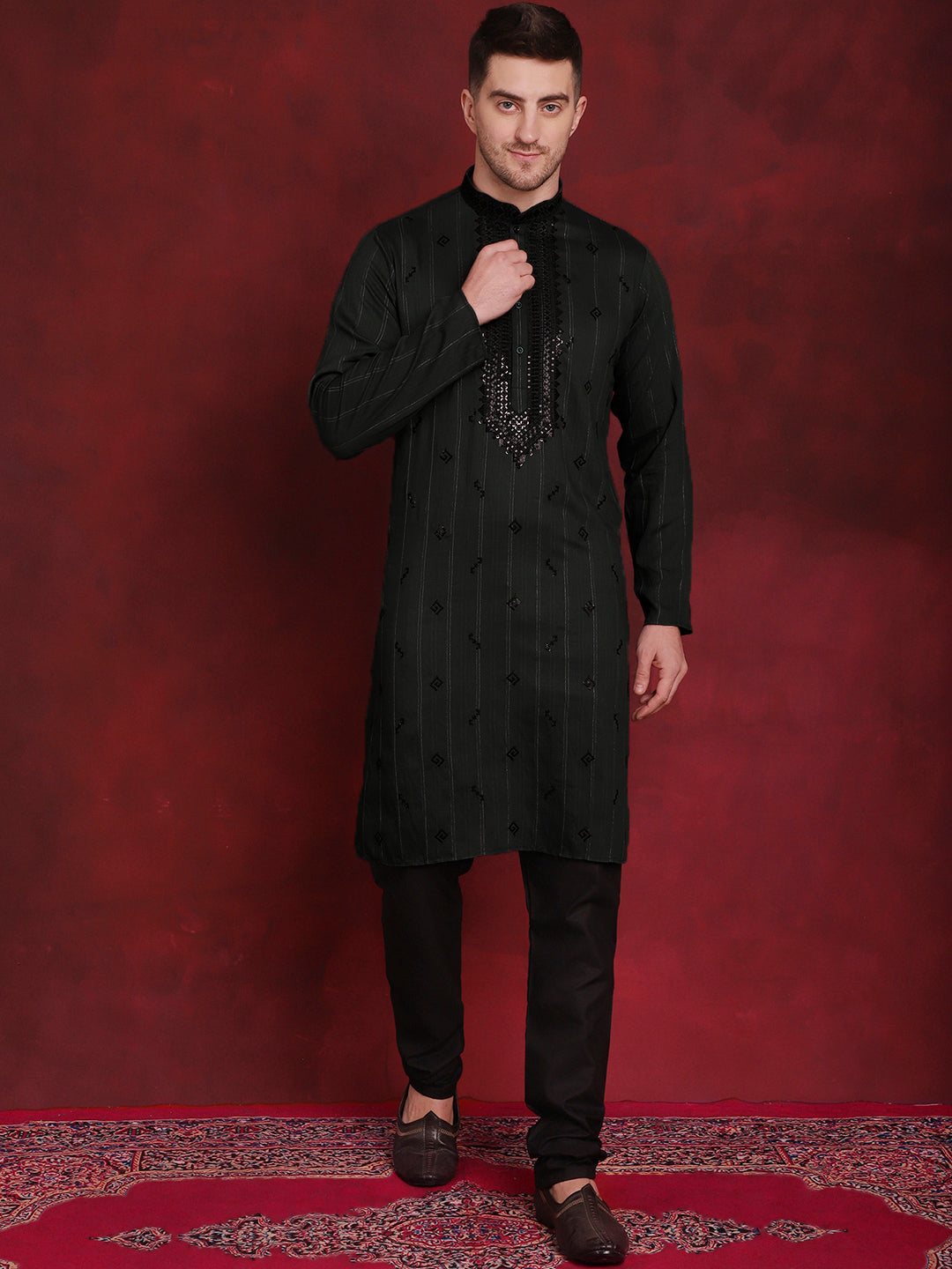 Jompers Men's Sequins Embroidered Kurta Pyjama Set - B-Olive | Grocsy
