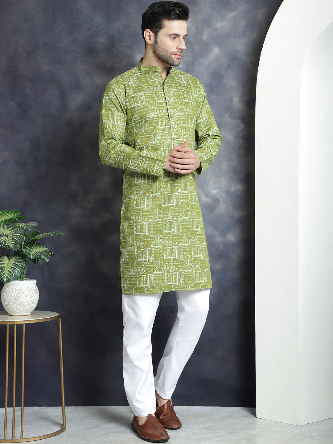 Jompers Men's Printed Kurta with Churidar - Olive | Grocsy