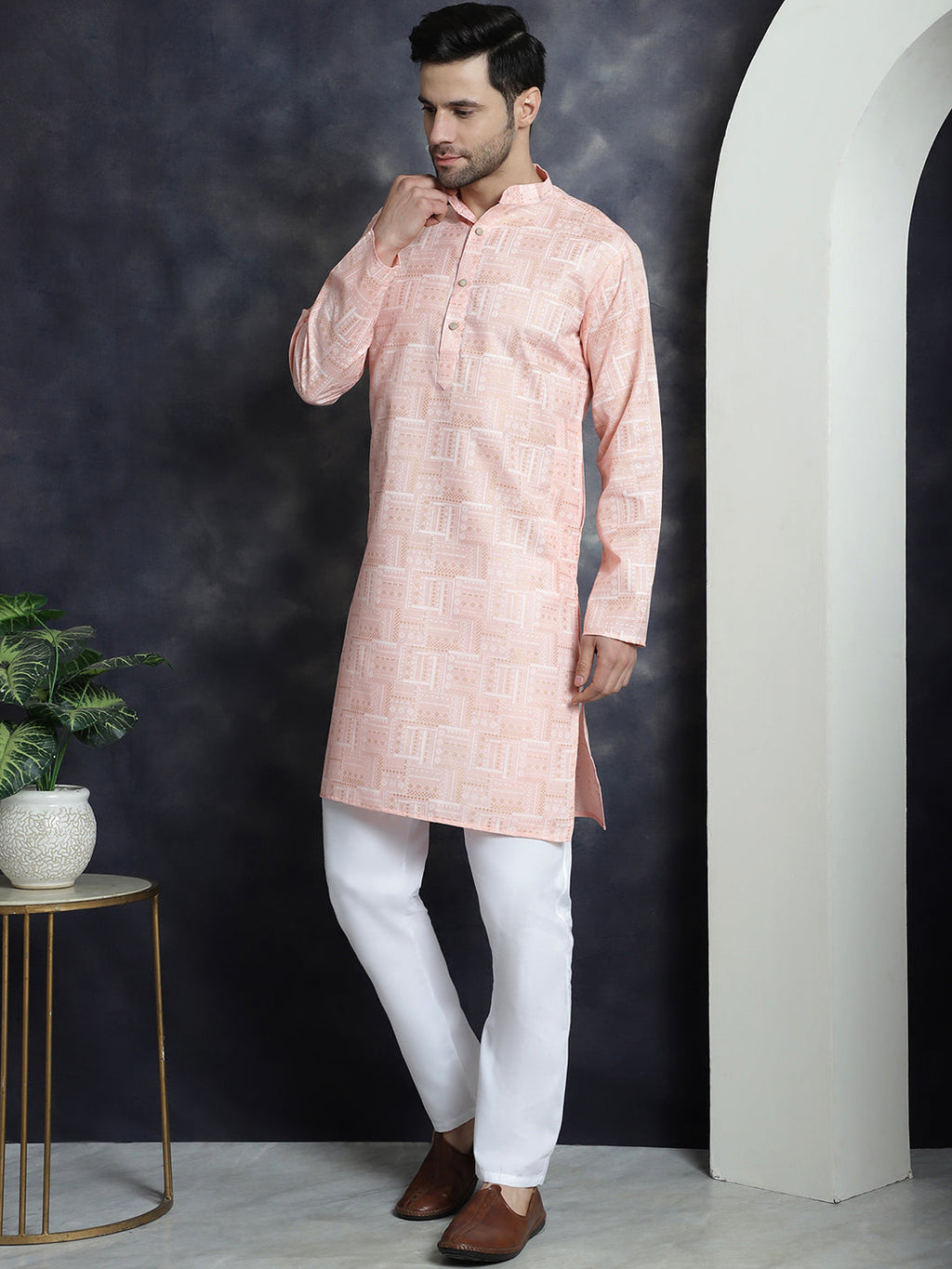 Jompers Men's Printed Kurta with Churidar - Peach | Grocsy