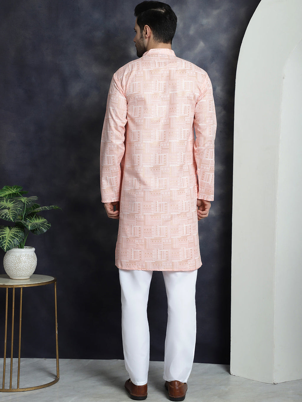 Jompers Men's Printed Kurta with Churidar - Peach | Grocsy