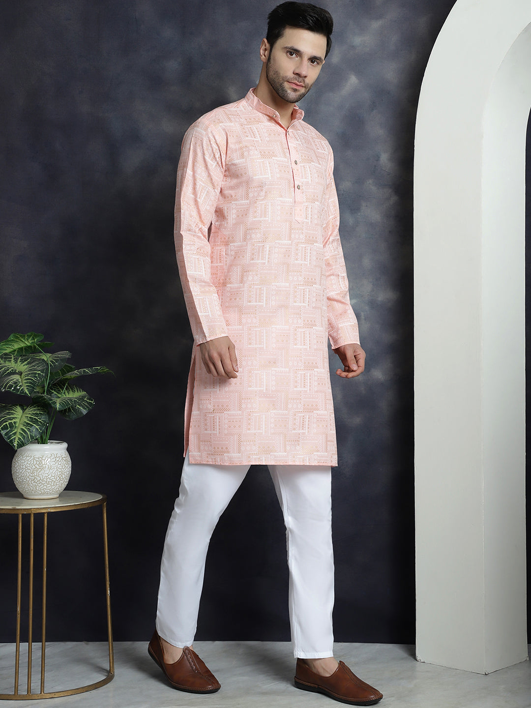 Jompers Men's Printed Kurta with Churidar - Peach | Grocsy