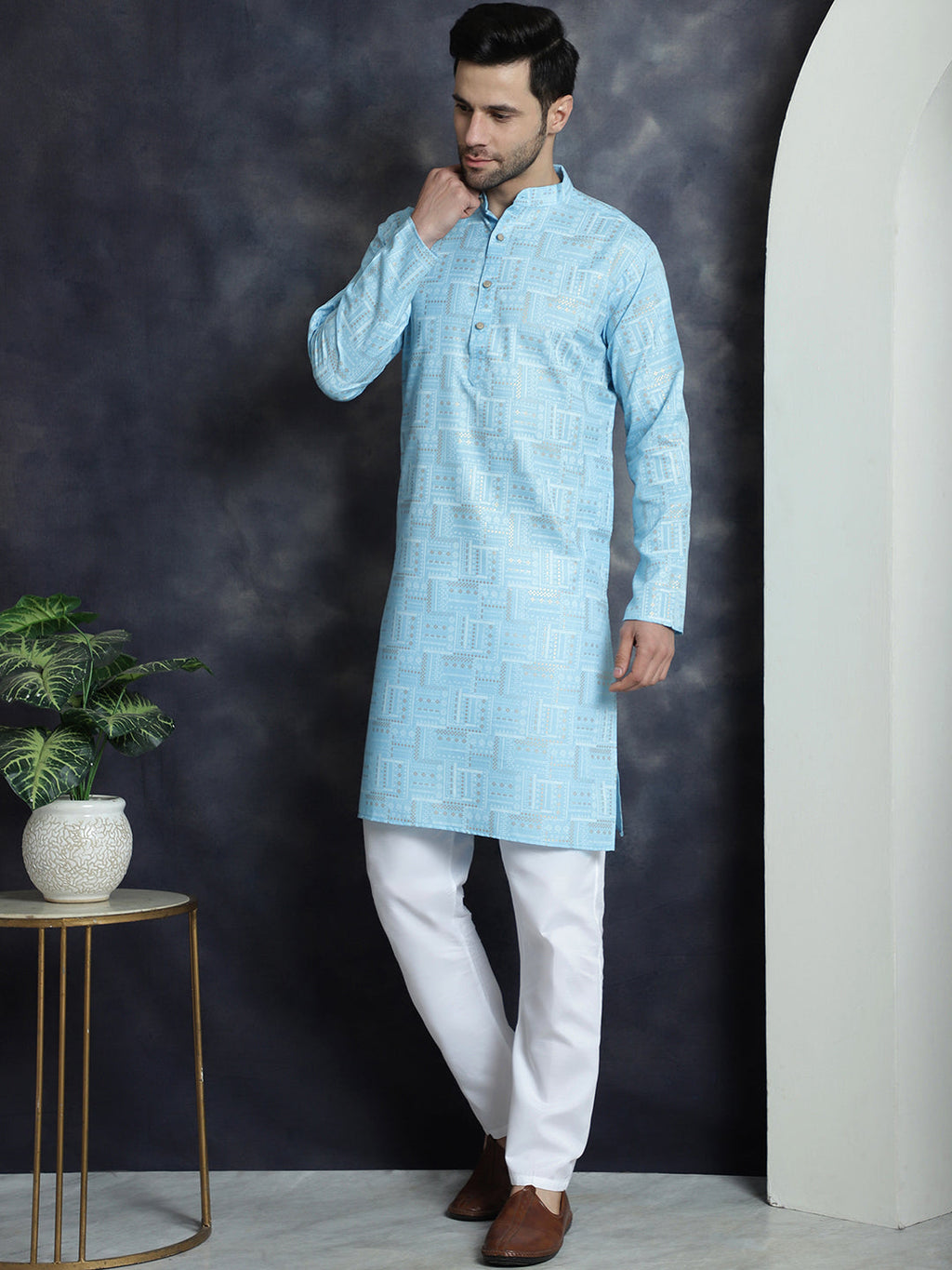 Jompers Men's Printed Kurta with Churidar - Sky Blue | Grocsy