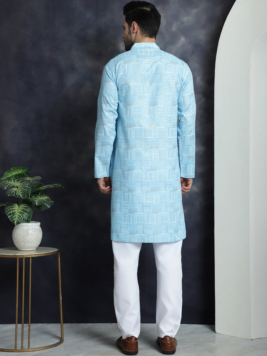 Jompers Men's Printed Kurta with Churidar - Sky Blue | Grocsy