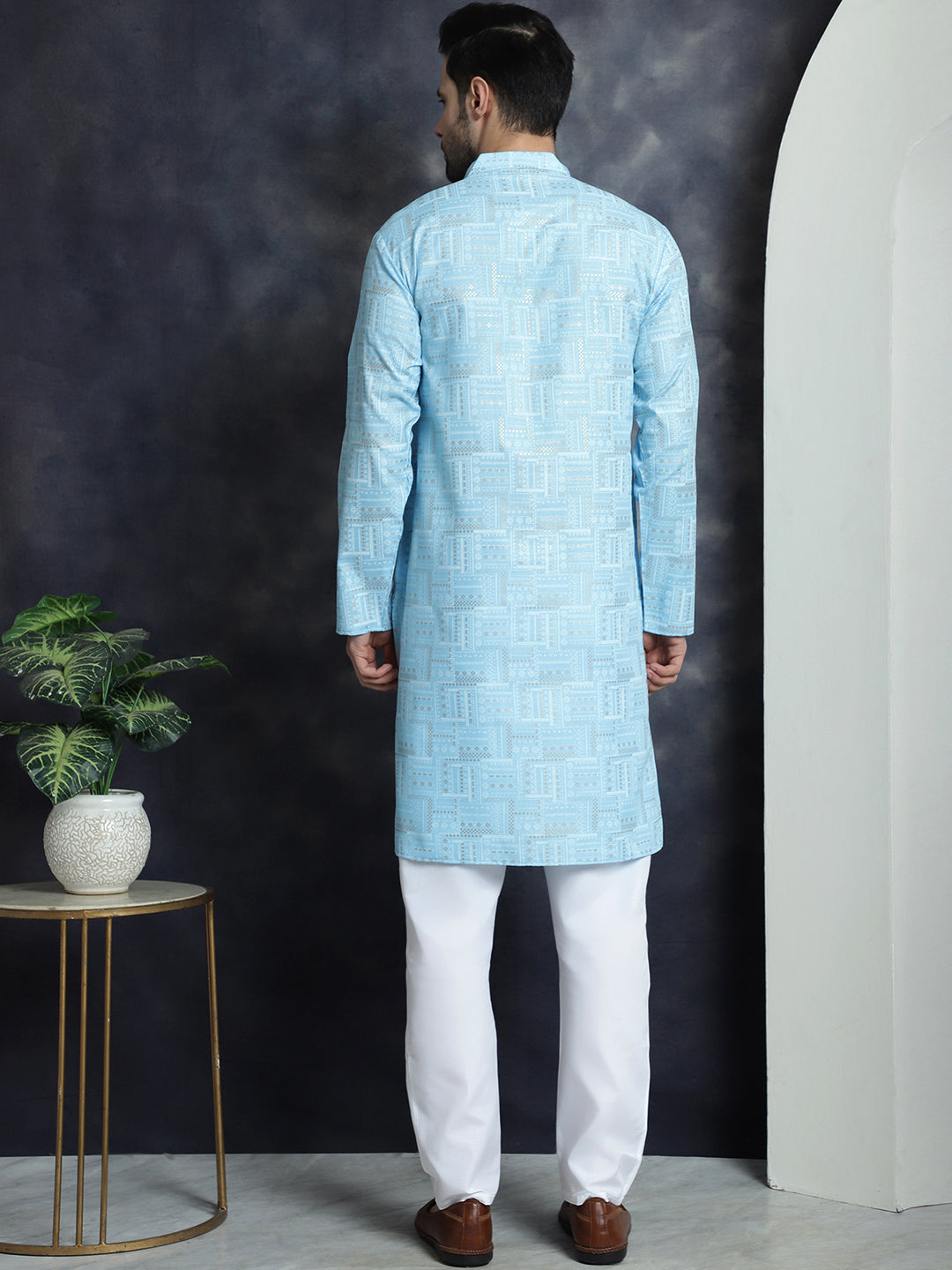 Jompers Men's Printed Kurta with Churidar - Sky Blue | Grocsy