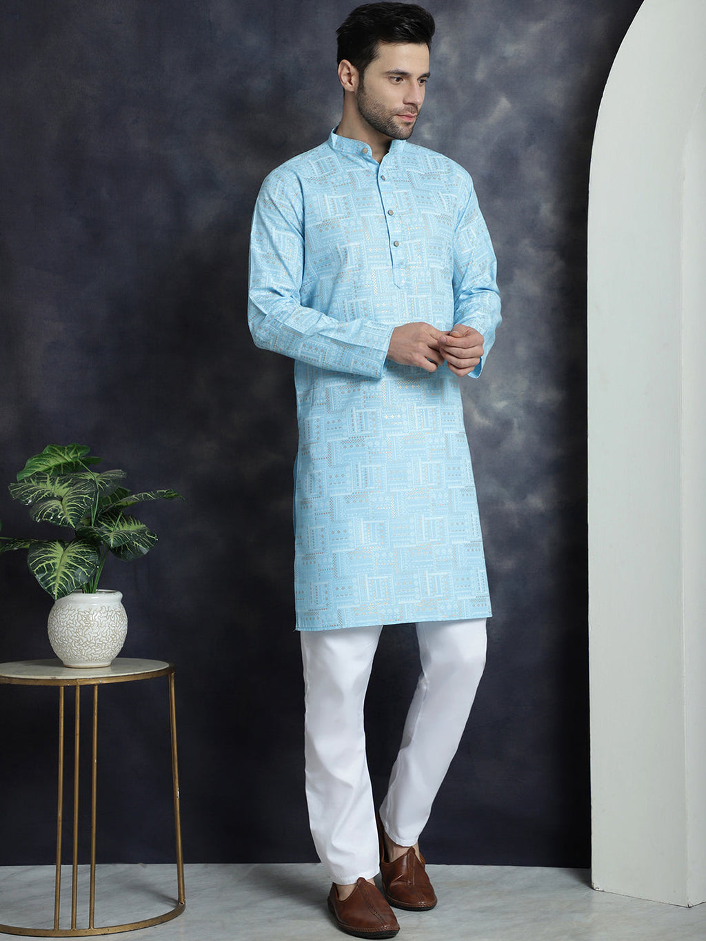 Jompers Men's Printed Kurta with Churidar - Sky Blue | Grocsy