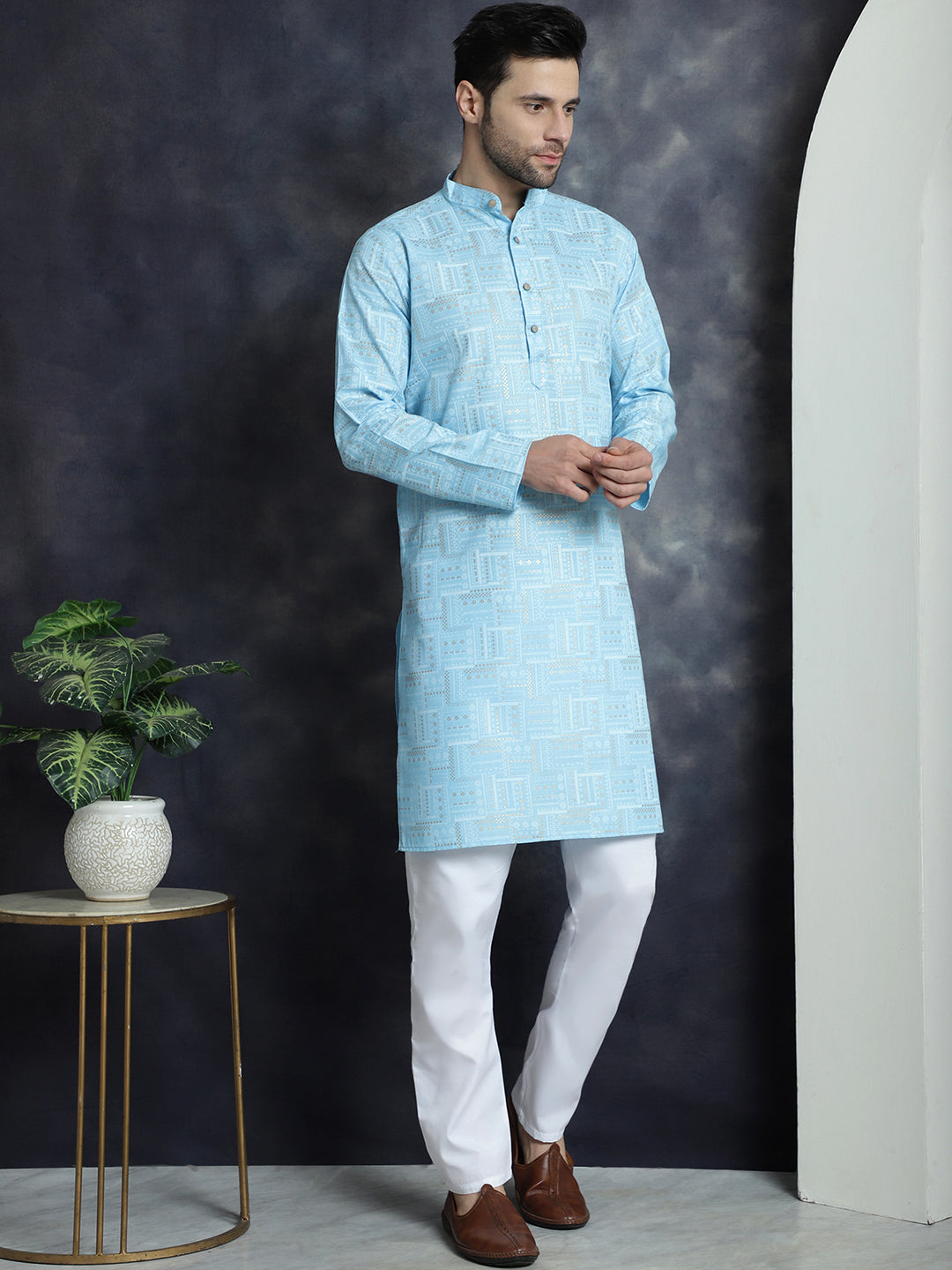 Jompers Men's Printed Kurta with Churidar - Sky Blue | Grocsy