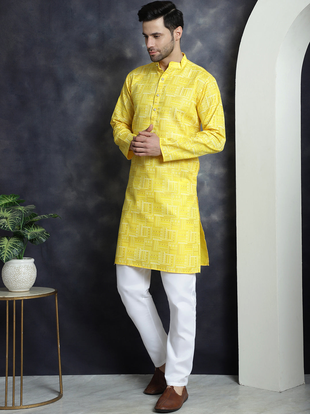 Jompers Men's Printed Kurta with Churidar - Yellow | Grocsy