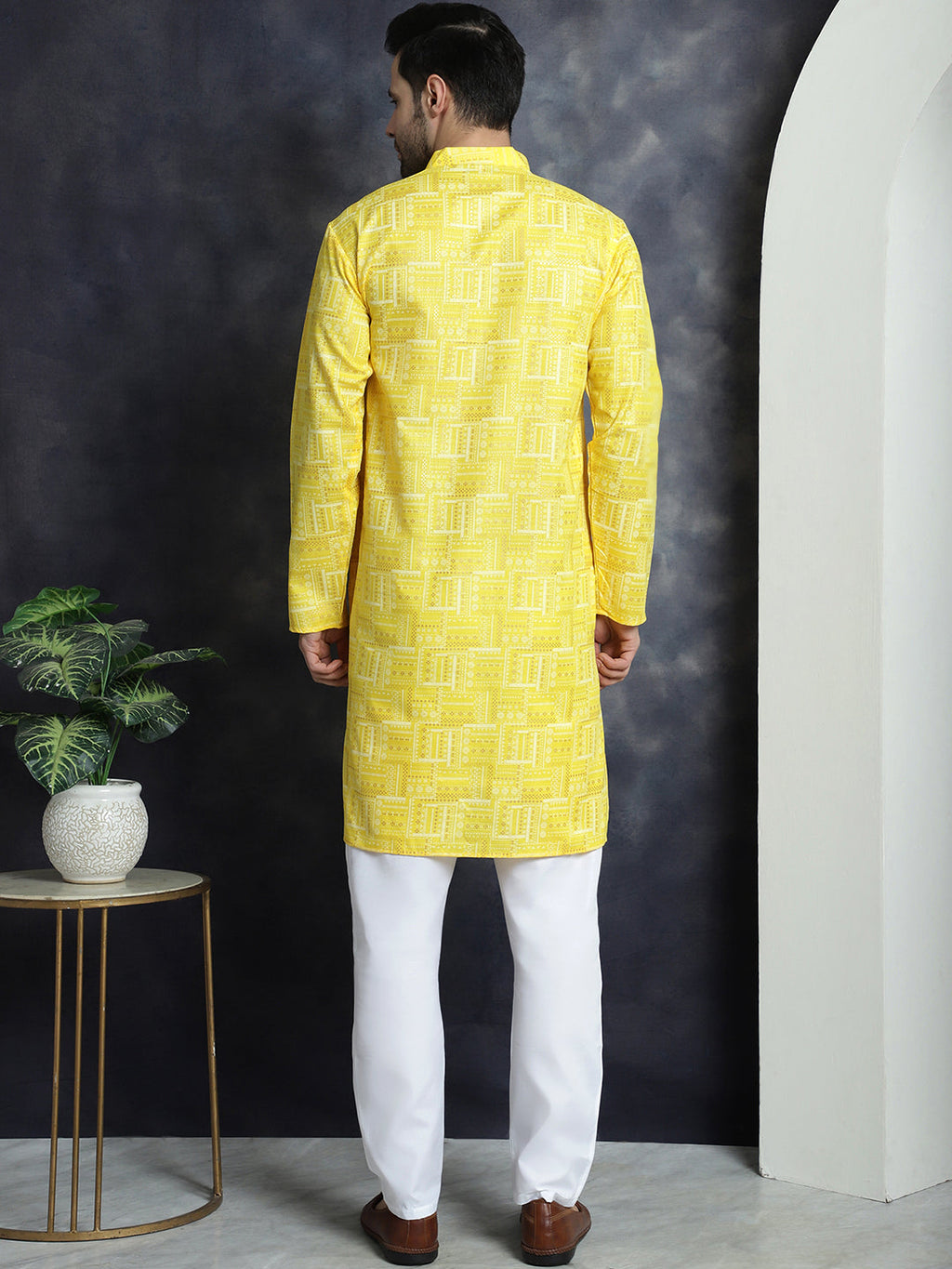 Jompers Men's Printed Kurta with Churidar - Yellow | Grocsy