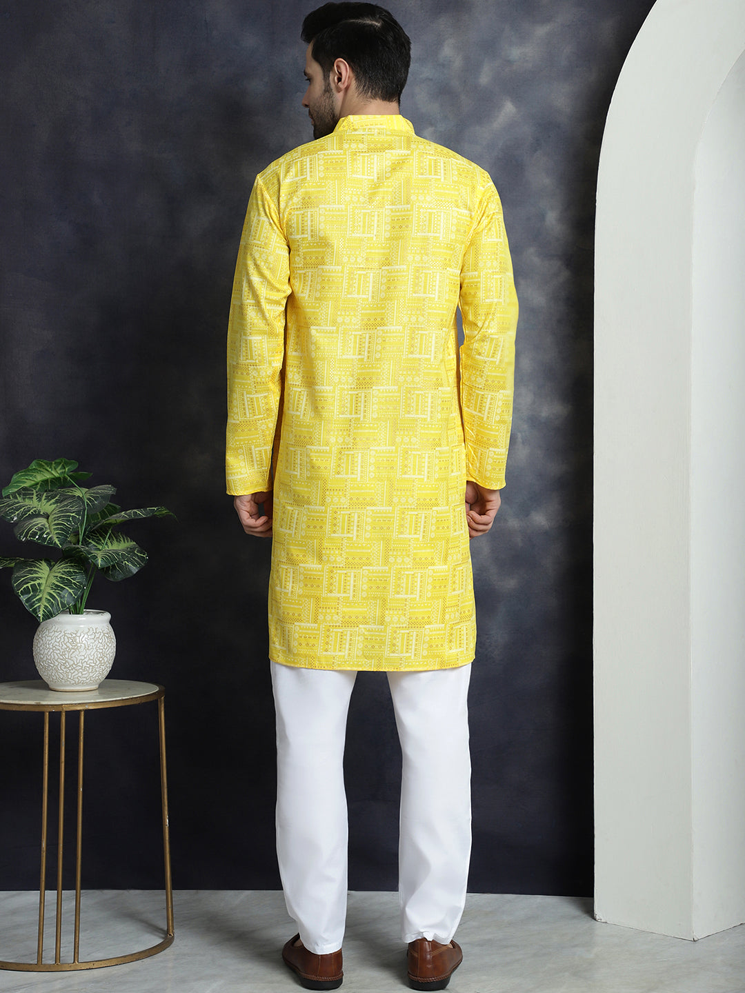 Jompers Men's Printed Kurta with Churidar - Yellow | Grocsy