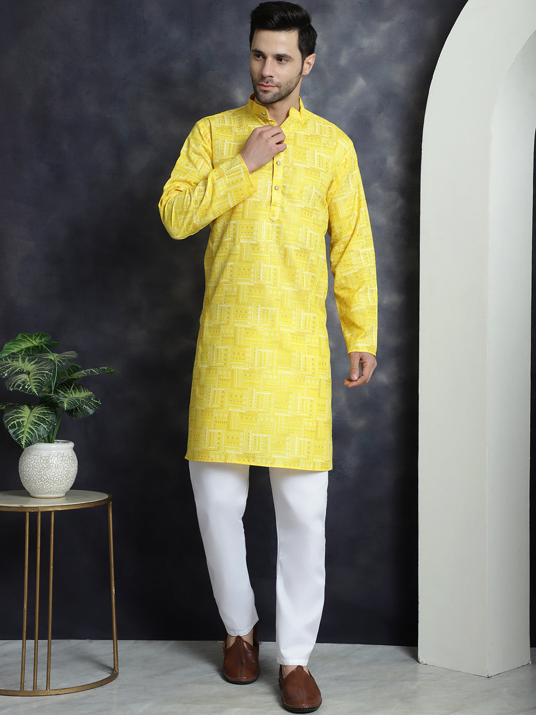 Jompers Men's Printed Kurta with Churidar - Yellow | Grocsy