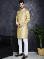 Jompers Men's Woven Design Silk Blend Kurta with Pyjama - Golden | Grocsy