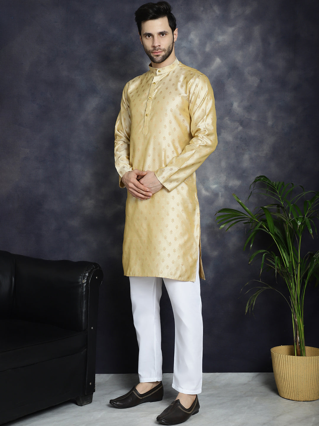 Jompers Men's Woven Design Silk Blend Kurta with Pyjama - Golden | Grocsy