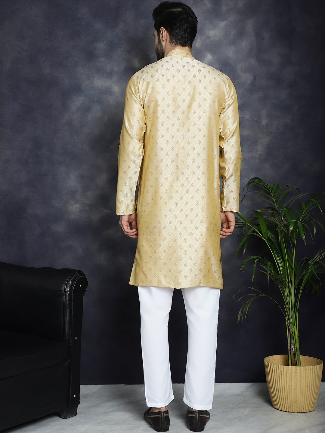 Jompers Men's Woven Design Silk Blend Kurta with Pyjama - Golden | Grocsy