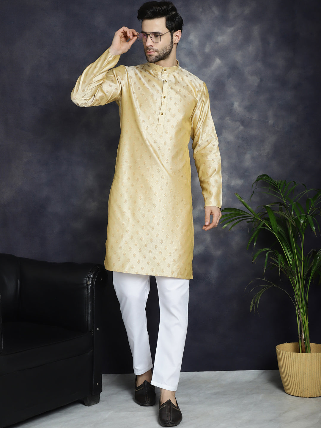 Jompers Men's Woven Design Silk Blend Kurta with Pyjama - Golden | Grocsy