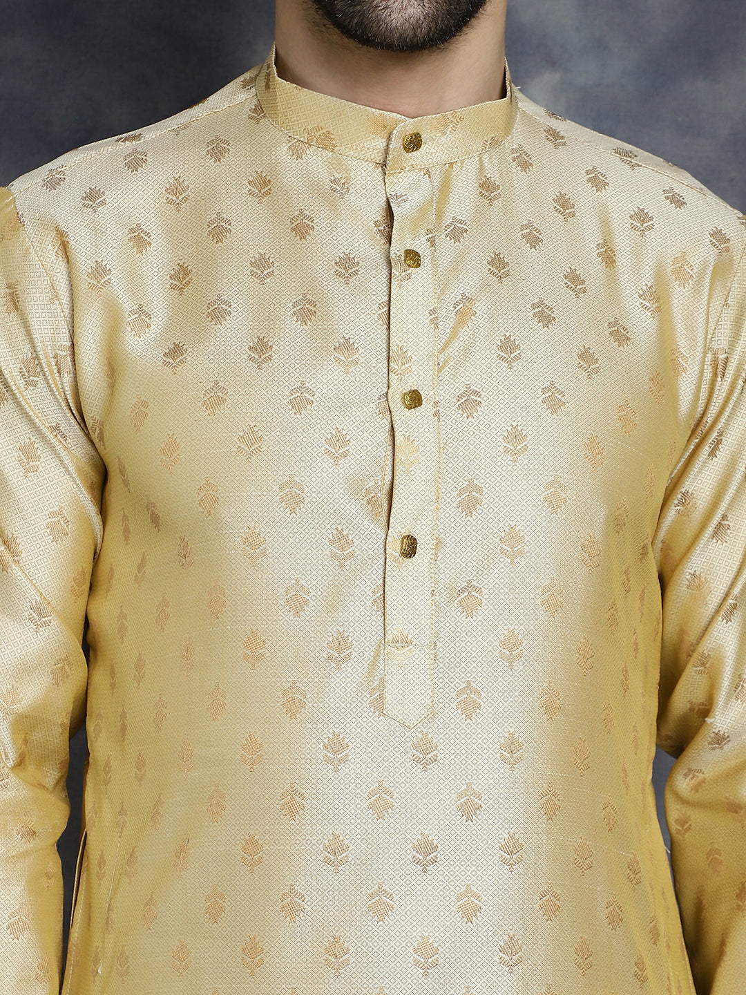 Jompers Men's Woven Design Silk Blend Kurta with Pyjama - Golden | Grocsy