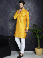 Jompers Men's Woven Design Silk Blend Kurta with Pyjama - Mustard | Grocsy