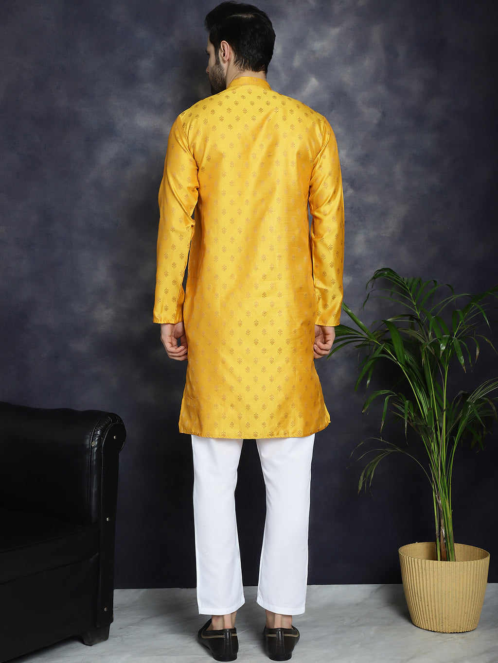 Jompers Men's Woven Design Silk Blend Kurta with Pyjama - Mustard | Grocsy