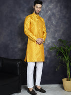 Jompers Men's Woven Design Silk Blend Kurta with Pyjama - Mustard | Grocsy