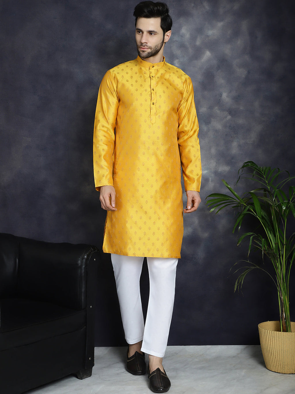 Jompers Men's Woven Design Silk Blend Kurta with Pyjama - Mustard | Grocsy
