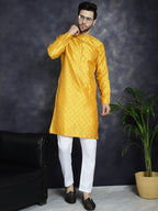 Jompers Men's Woven Design Silk Blend Kurta with Pyjama - Mustard | Grocsy
