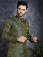 Jompers Men's Woven Design Silk Blend Kurta with Pyjama - Olive | Grocsy