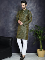 Jompers Men's Woven Design Silk Blend Kurta with Pyjama - Olive | Grocsy