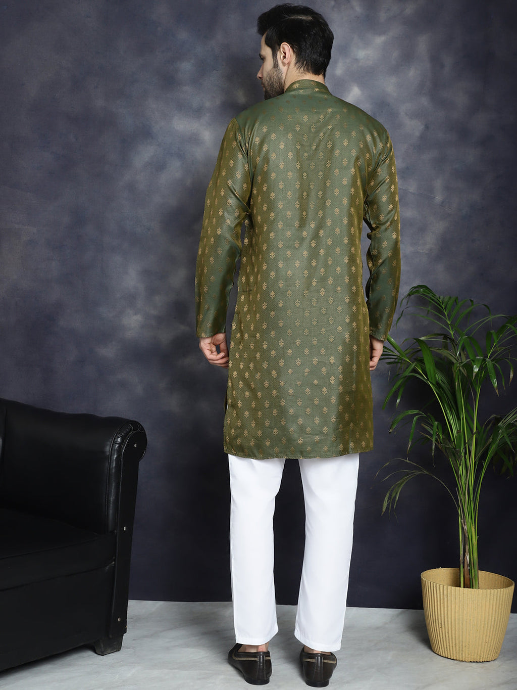 Jompers Men's Woven Design Silk Blend Kurta with Pyjama - Olive | Grocsy