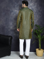 Jompers Men's Woven Design Silk Blend Kurta with Pyjama - Olive | Grocsy