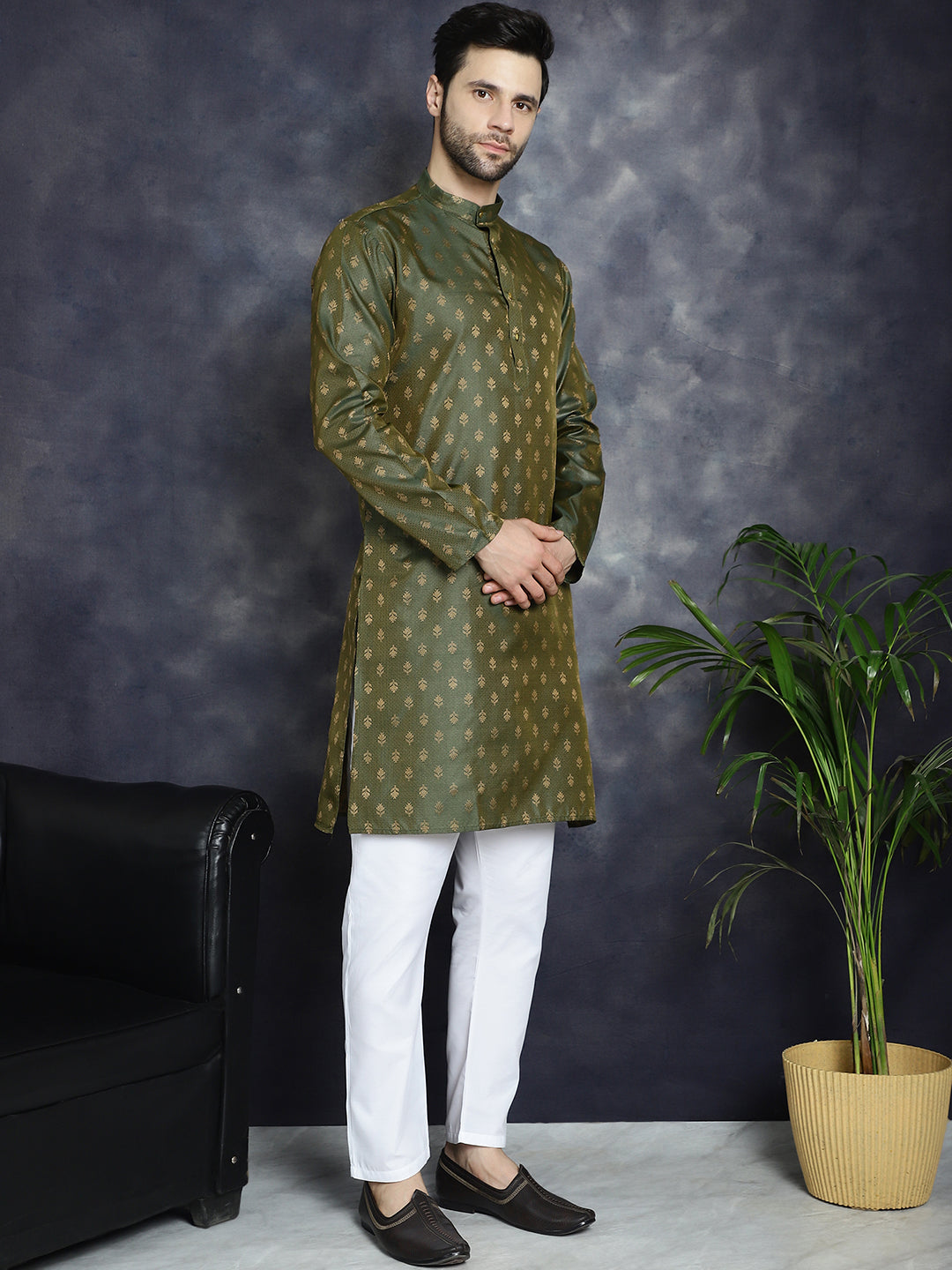 Jompers Men's Woven Design Silk Blend Kurta with Pyjama - Olive | Grocsy