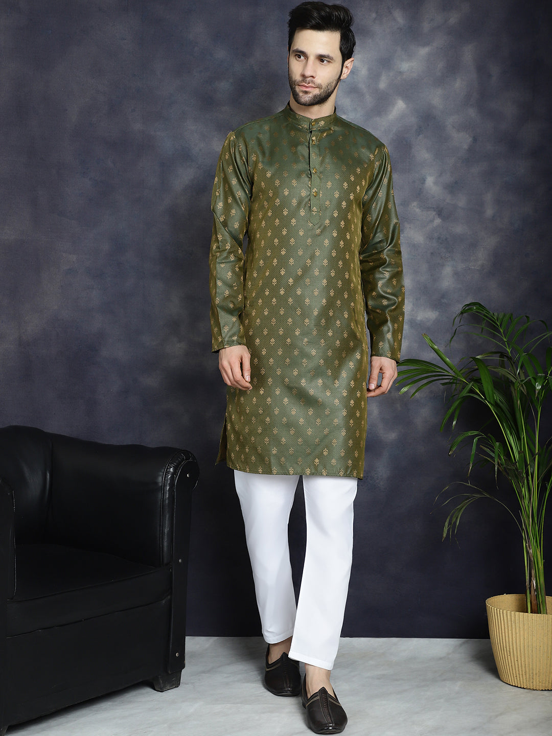 Jompers Men's Woven Design Silk Blend Kurta with Pyjama - Olive | Grocsy