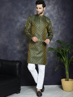 Jompers Men's Woven Design Silk Blend Kurta with Pyjama - Olive | Grocsy