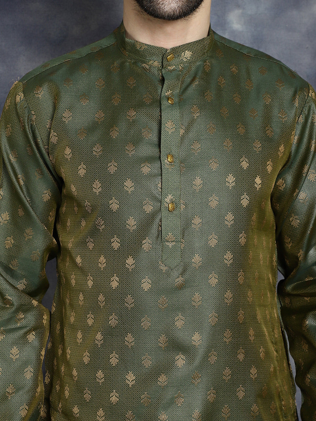 Jompers Men's Woven Design Silk Blend Kurta with Pyjama - Olive | Grocsy