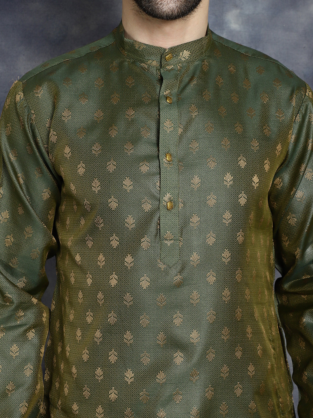 Jompers Men's Woven Design Silk Blend Kurta with Pyjama - Olive | Grocsy