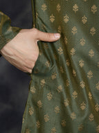 Jompers Men's Woven Design Silk Blend Kurta with Pyjama - Olive | Grocsy