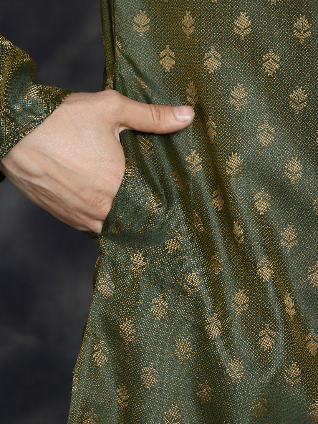 Jompers Men's Woven Design Silk Blend Kurta with Pyjama - Olive | Grocsy