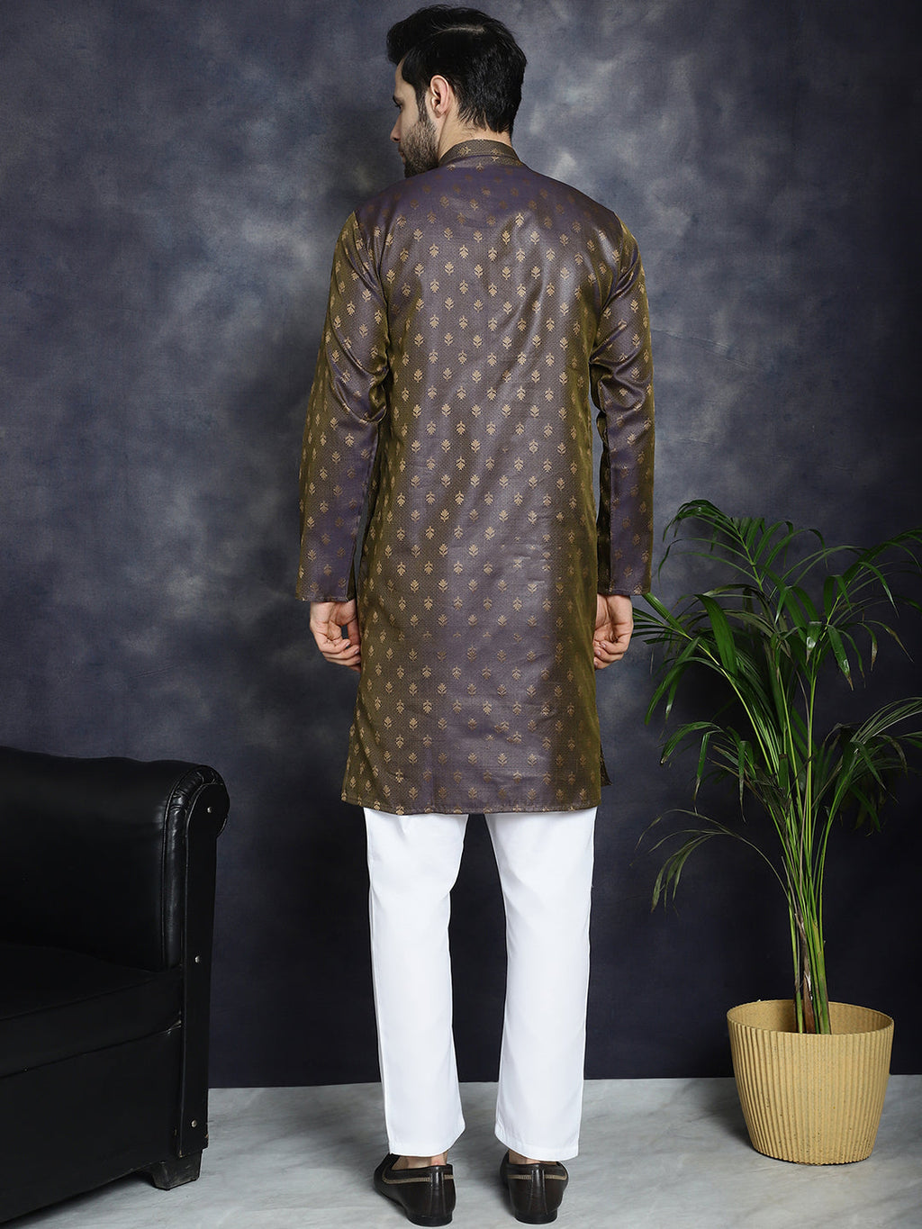 Jompers Men's Woven Design Silk Blend Kurta with Pyjama - Purple | Grocsy